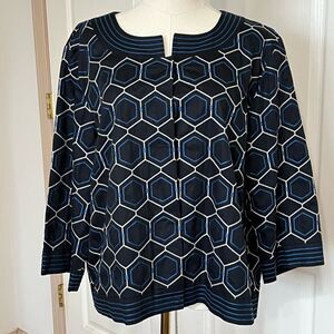 Chico's Geometric Embroidered 3/4‎ Sleeve Blazer Jacket Black Blue White XL Snap